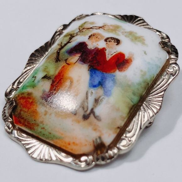 VTG Hand-Painted Porcelain Brooch Courting Silver Tone 1940s Rococo Revival - Picture 5 of 11